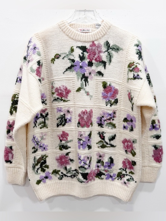 Vintage Sweaters - Vintage Talbots Chunky Knit Flower Embroidered Sweater 100% Wool Small Oversized